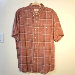 Weatherproof Vintage (Men's XL) Washable Linen Plaid Short Sleeve Shirt in Rust